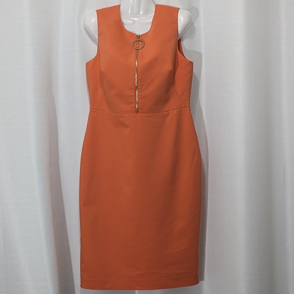 Calvin Klein Women's Sleeveless Orange Gold Front Zipper Size 10 Dress